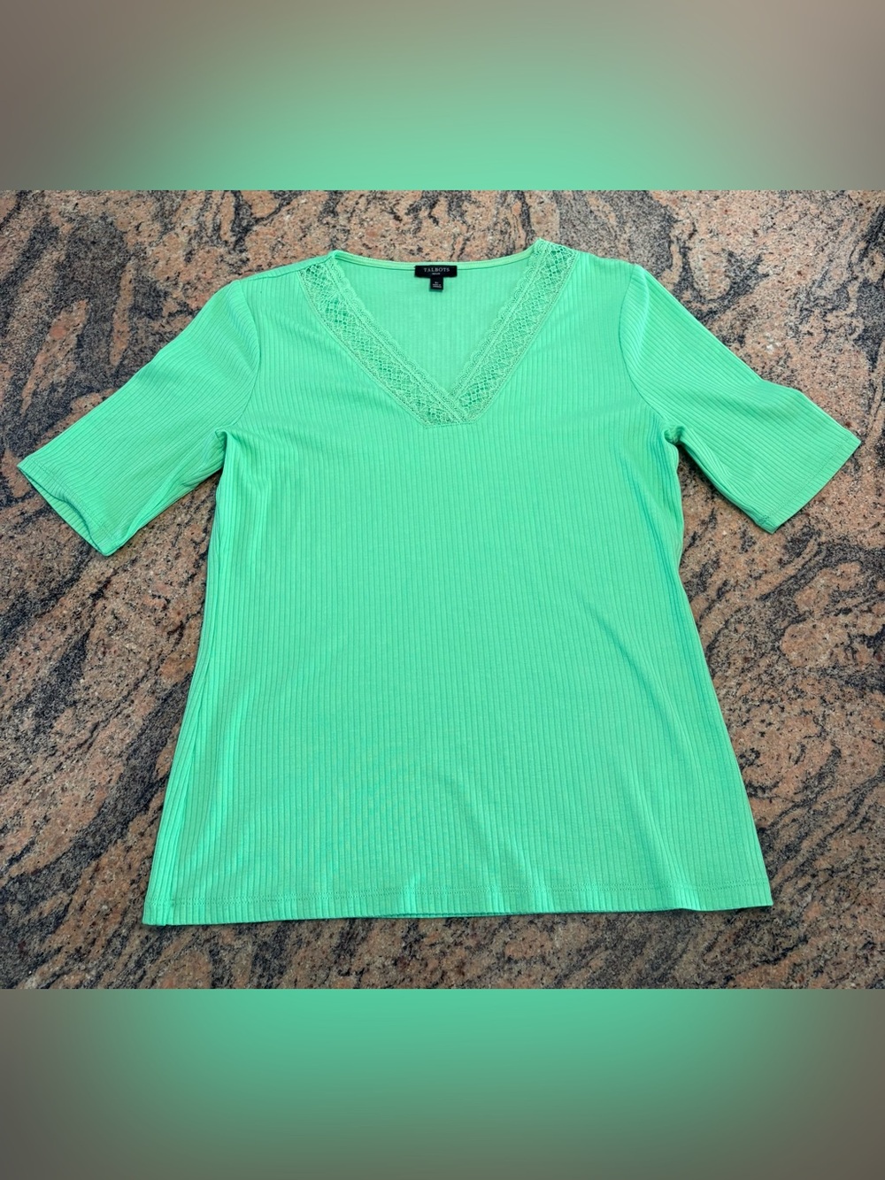 Talbots Lace Trim V-Neck Tee Size S Petite Green Ribbed Knit